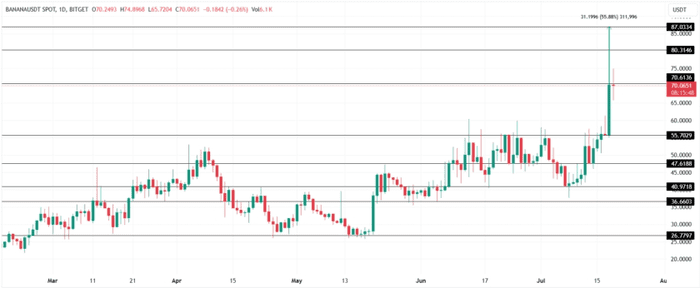 必安宣布上市后，Telegram Coin BANANA 一天内飙升 55%  