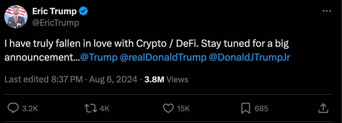 Donald Trump's son says they're about to "shake up the crypto world"