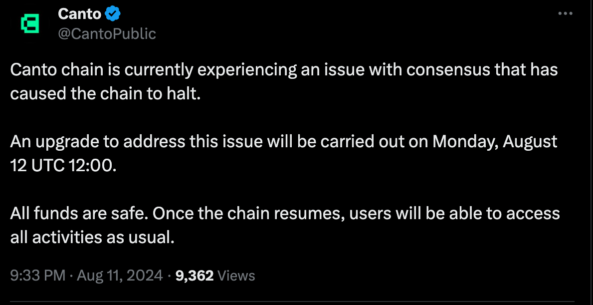 Layer-1 blockchain Canto is still offline after two days
