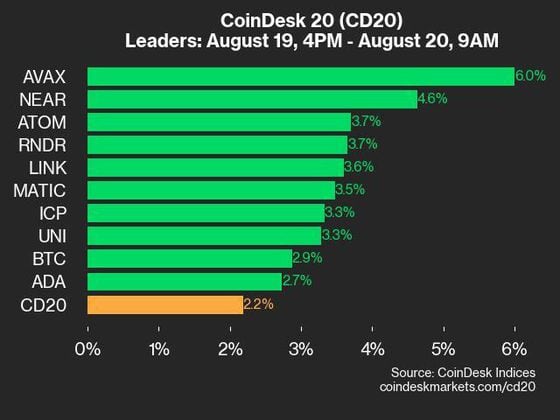 9am CoinDesk 20 Update for 2024-08-20: leaders