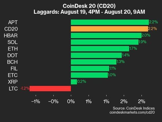 9am CoinDesk 20 Update for 2024-08-20: laggards