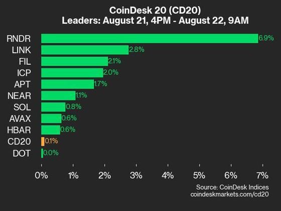 9am CoinDesk 20 Update for 2024-08-22: leaders